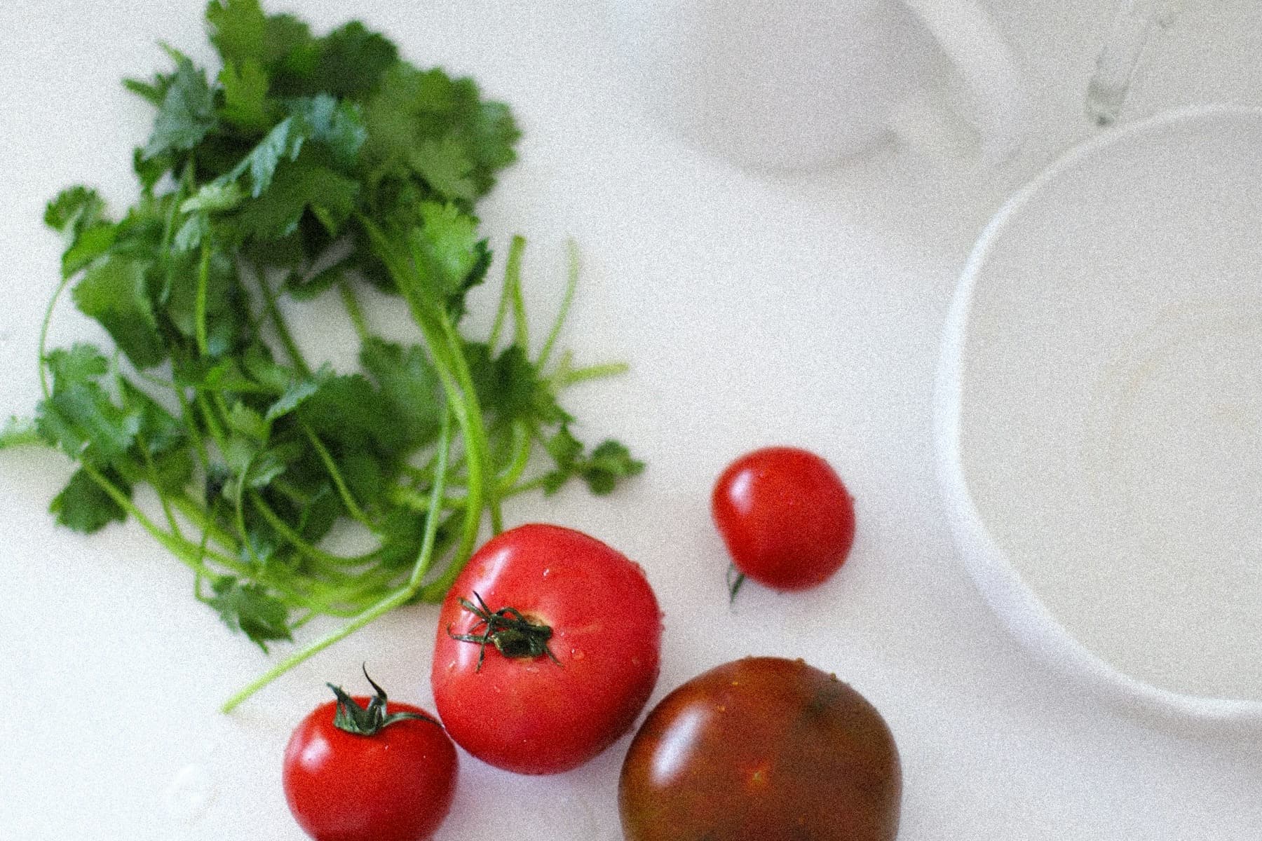 Fresh tomatoes and herbs on a white kitchen counter